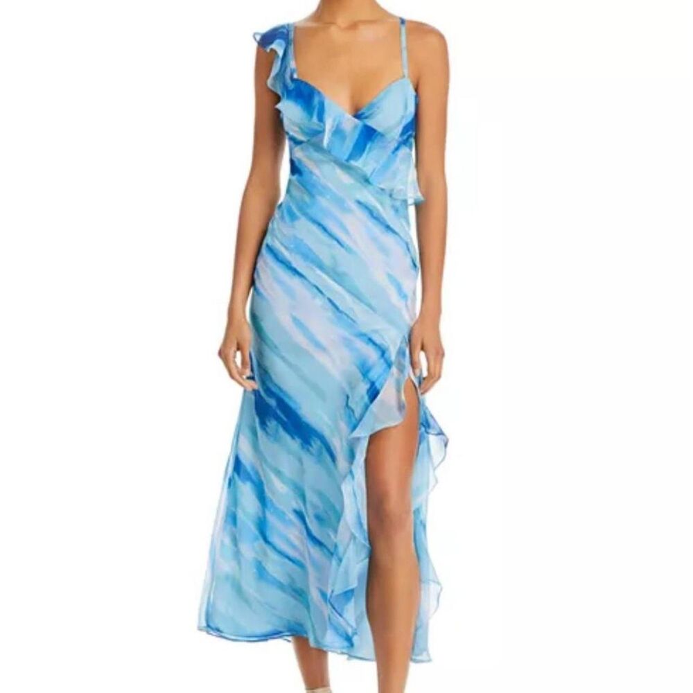 AQUA Ruffled Midi Dress Chiffon Asymmetric Crossover V-neck Blue Ombre Sz XS NEW